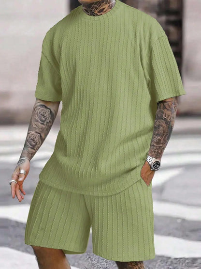 Men's Loose Fit Jacquard Textured Tee with Drawstring Shorts 2 Pieces Set