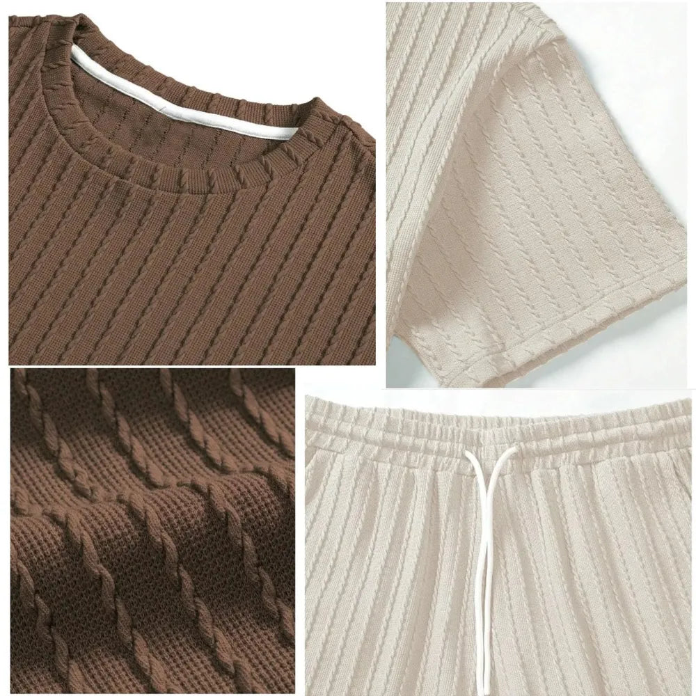 Men's Loose Fit Jacquard Textured Tee with Drawstring Shorts 2 Pieces Set