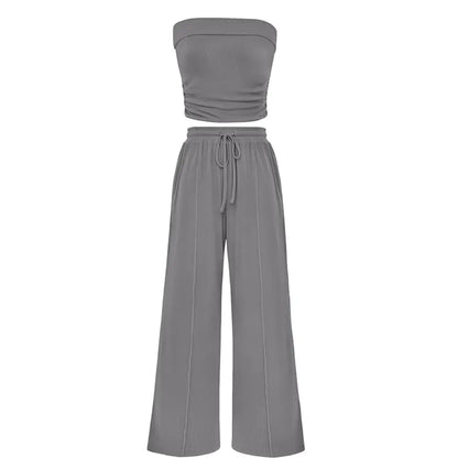 Spring Sale🔥 Women's Ribbed Knit 2-Piece Lounge Set - Casual Crop Top & Wide-Leg Pants