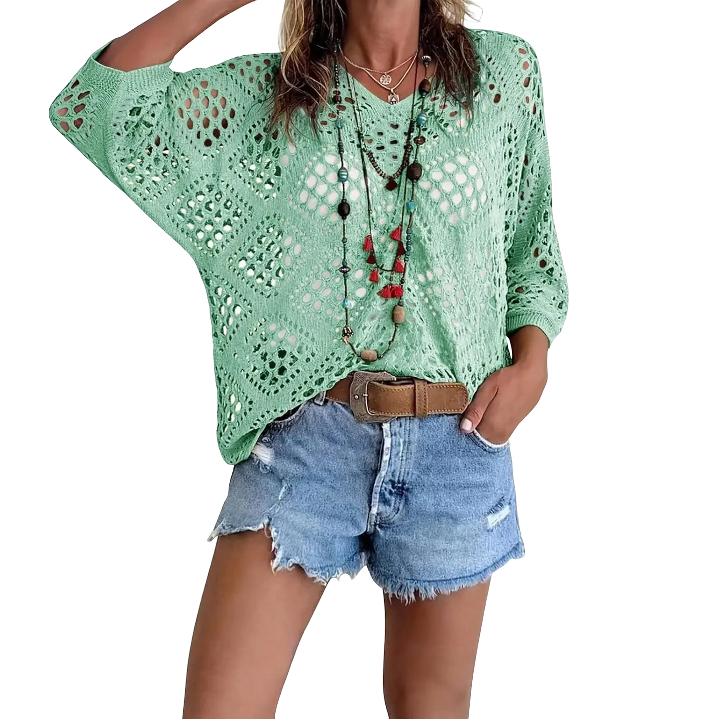 Women'S Bohemian Style Beige V-Neck Crochet Top