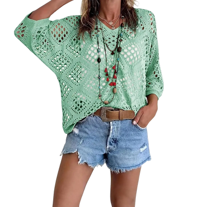 Women'S Bohemian Style Beige V-Neck Crochet Top