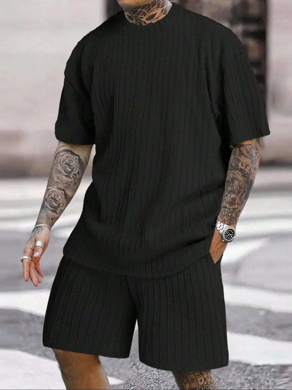 Men's Loose Fit Jacquard Textured Tee with Drawstring Shorts 2 Pieces Set