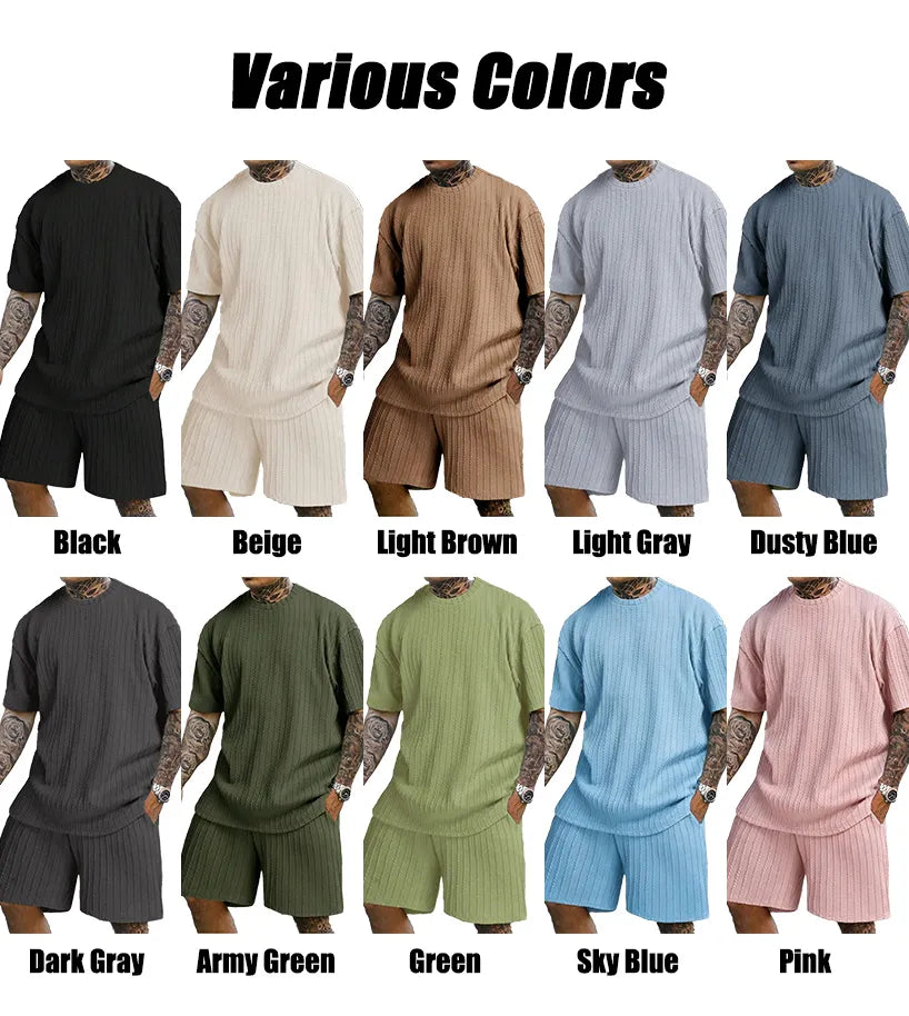 Men's Loose Fit Jacquard Textured Tee with Drawstring Shorts 2 Pieces Set
