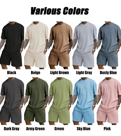 Men's Loose Fit Jacquard Textured Tee with Drawstring Shorts 2 Pieces Set