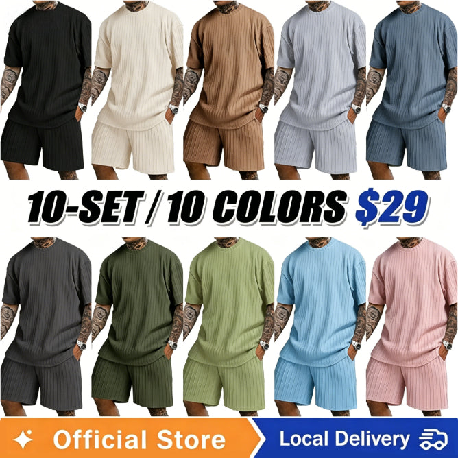 Men's Loose Fit Jacquard Textured Tee with Drawstring Shorts 2 Pieces