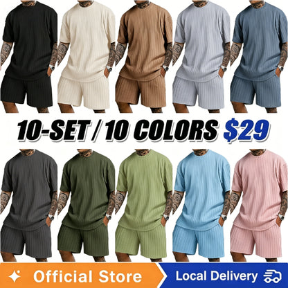 Men's Loose Fit Jacquard Textured Tee with Drawstring Shorts 2 Pieces