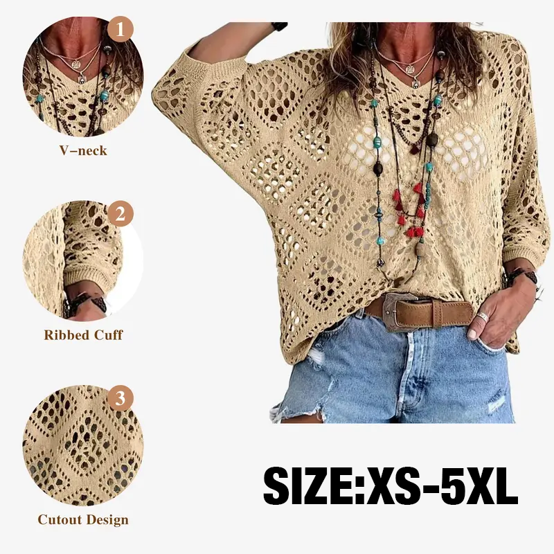 Women'S Bohemian Style Beige V-Neck Crochet Top