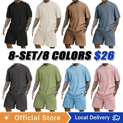 Men's Loose Fit Jacquard Textured Tee with Drawstring Shorts 2 Pieces Set