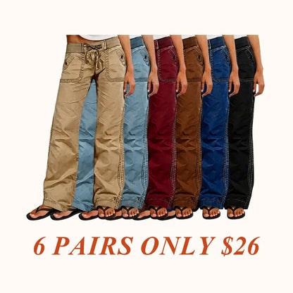 Solid Seam Detail Drawstring Mid Rise Straight Leg Pants High Stretch