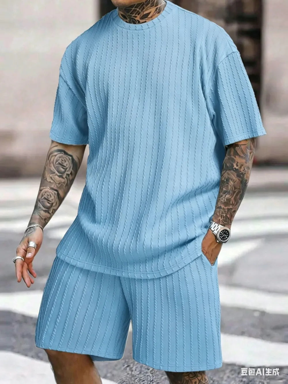 Men's Loose Fit Jacquard Textured Tee with Drawstring Shorts 2 Pieces Set