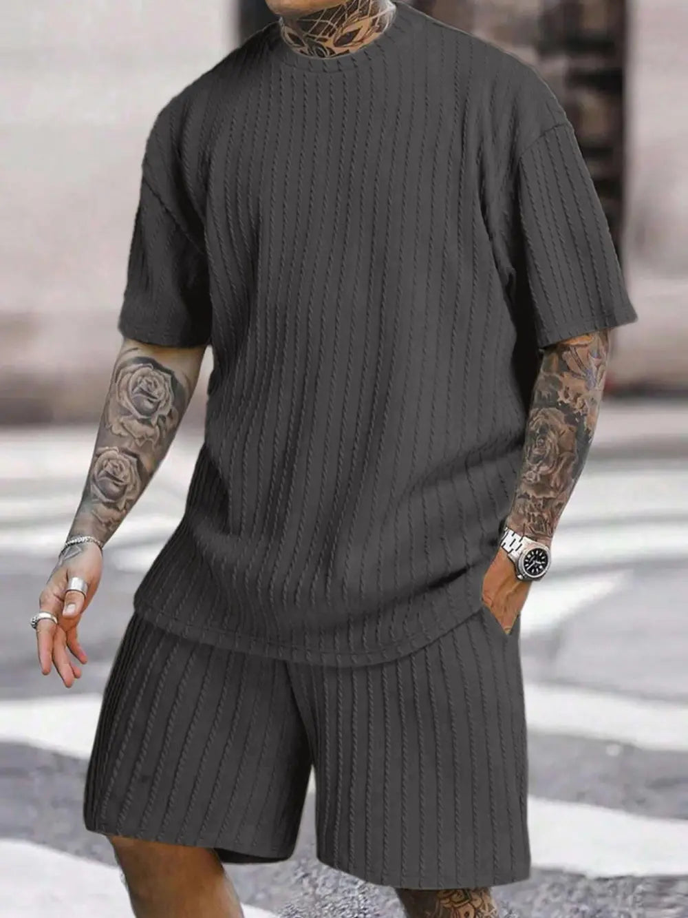Men's Loose Fit Jacquard Textured Tee with Drawstring Shorts 2 Pieces Set