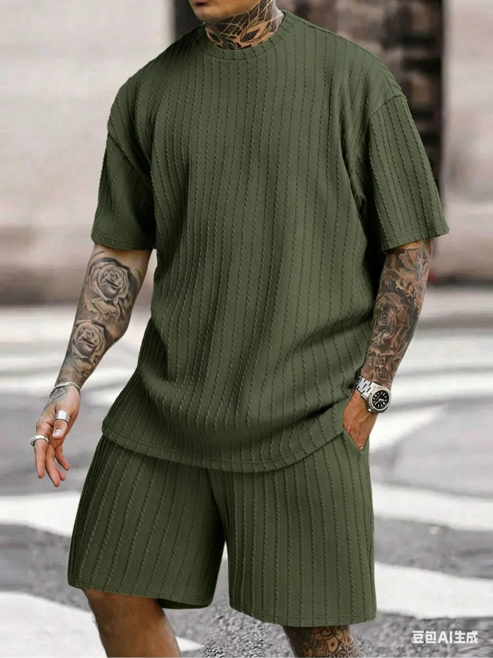Men's Loose Fit Jacquard Textured Tee with Drawstring Shorts 2 Pieces Set