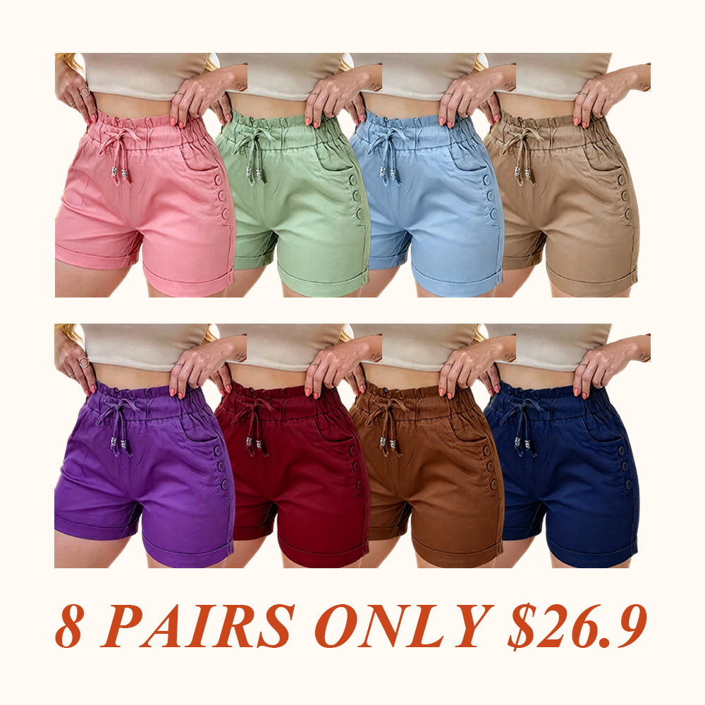 Women's Solid Button Pocket Cargo Fitted Shorts, Casual Elastic Waist