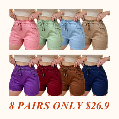 Women's Solid Button Pocket Cargo Fitted Shorts, Casual Elastic Waist