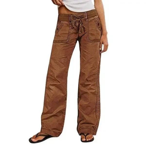 Solid Seam Detail Drawstring Mid Rise Straight Leg Pants High Stretch Fabric Women's Wear Minimalist Fit Basic Style Multiple Colors