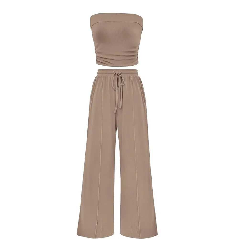 Spring Sale🔥 Women's Ribbed Knit 2-Piece Lounge Set - Casual Crop Top & Wide-Leg Pants
