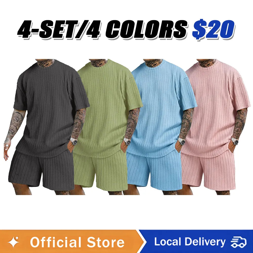 Men's Loose Fit Jacquard Textured Tee with Drawstring Shorts 2 Pieces Set