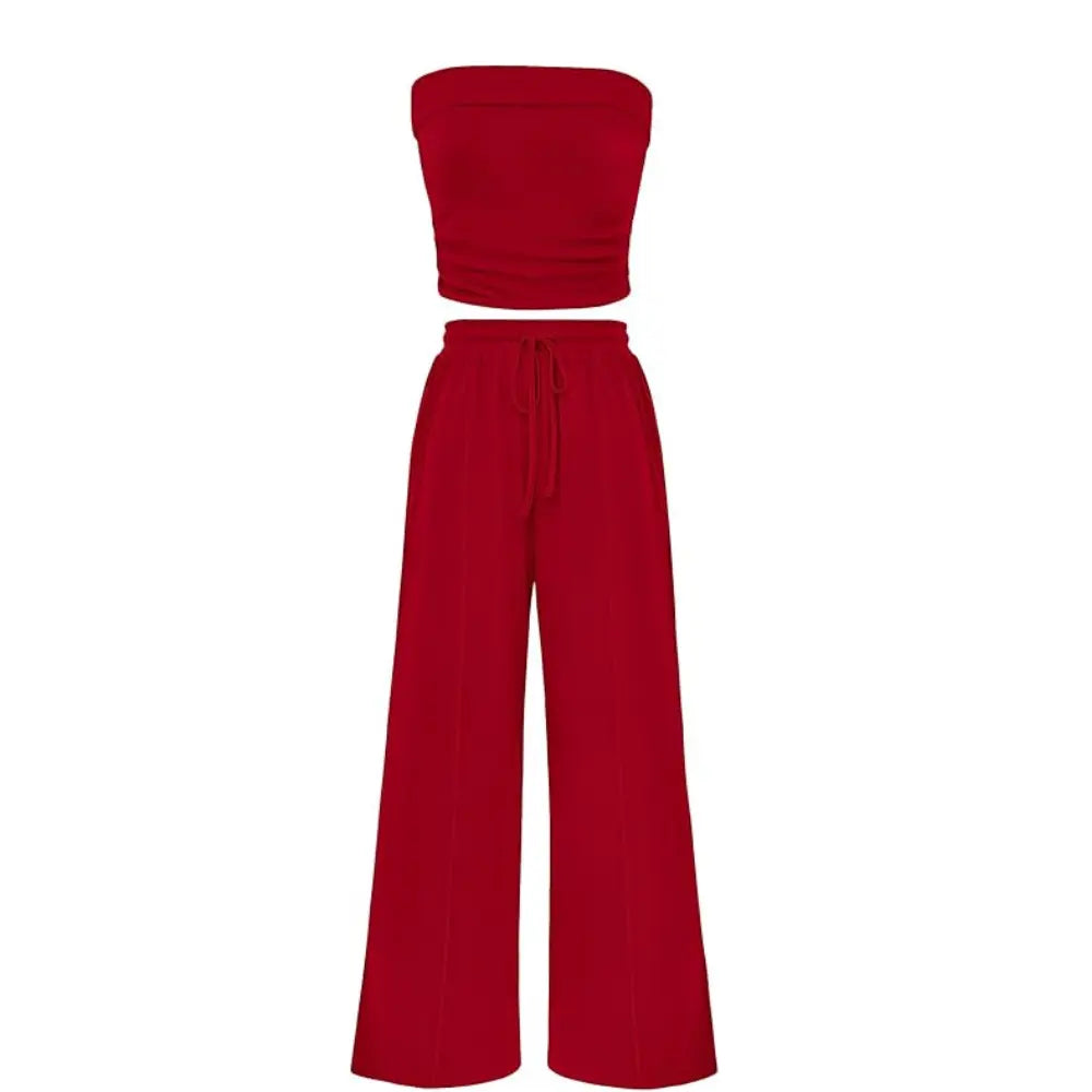Spring Sale🔥 Women's Ribbed Knit 2-Piece Lounge Set - Casual Crop Top & Wide-Leg Pants