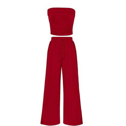 Spring Sale🔥 Women's Ribbed Knit 2-Piece Lounge Set - Casual Crop Top & Wide-Leg Pants