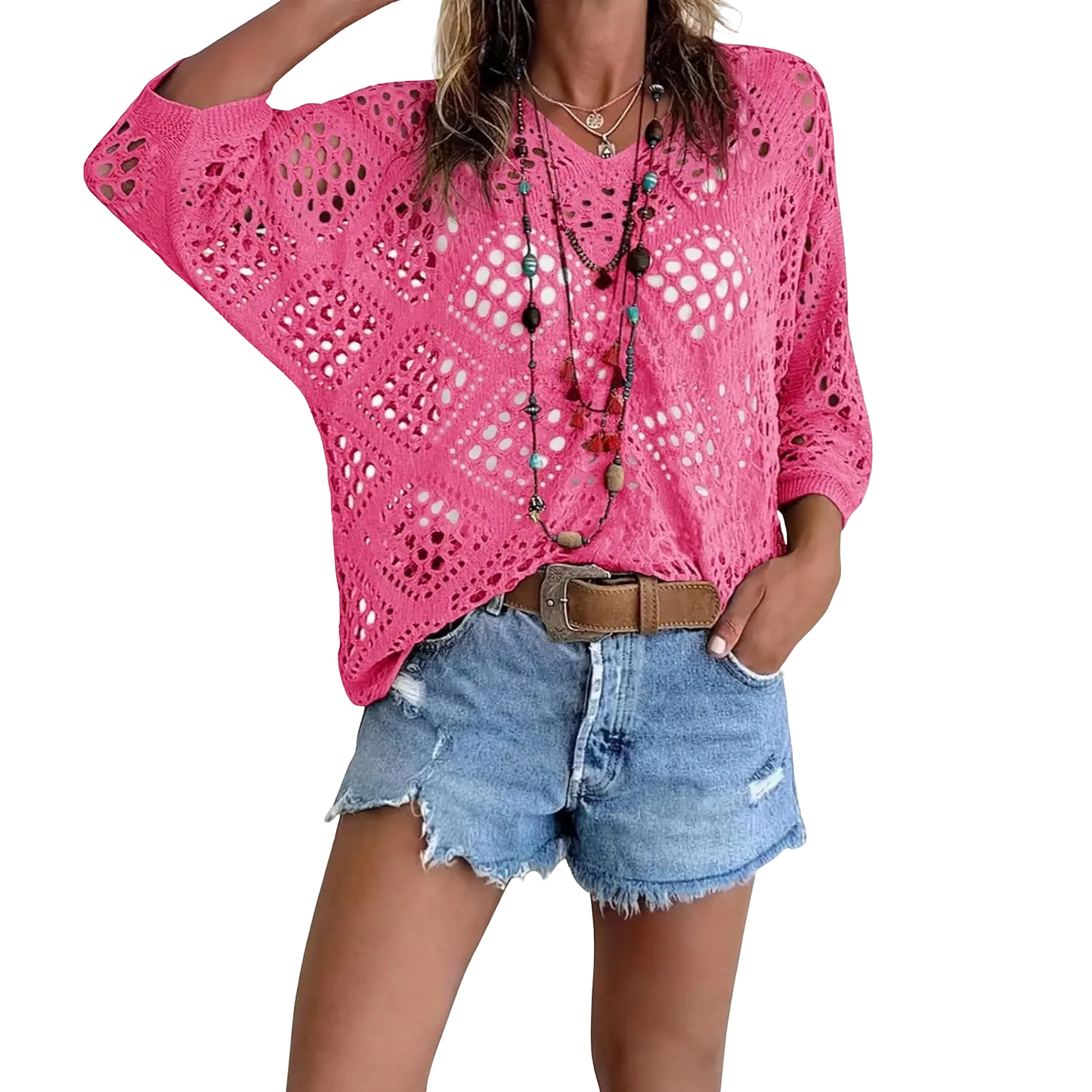 Women'S Bohemian Style Beige V-Neck Crochet Top