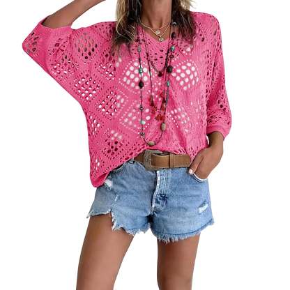 Women'S Bohemian Style Beige V-Neck Crochet Top