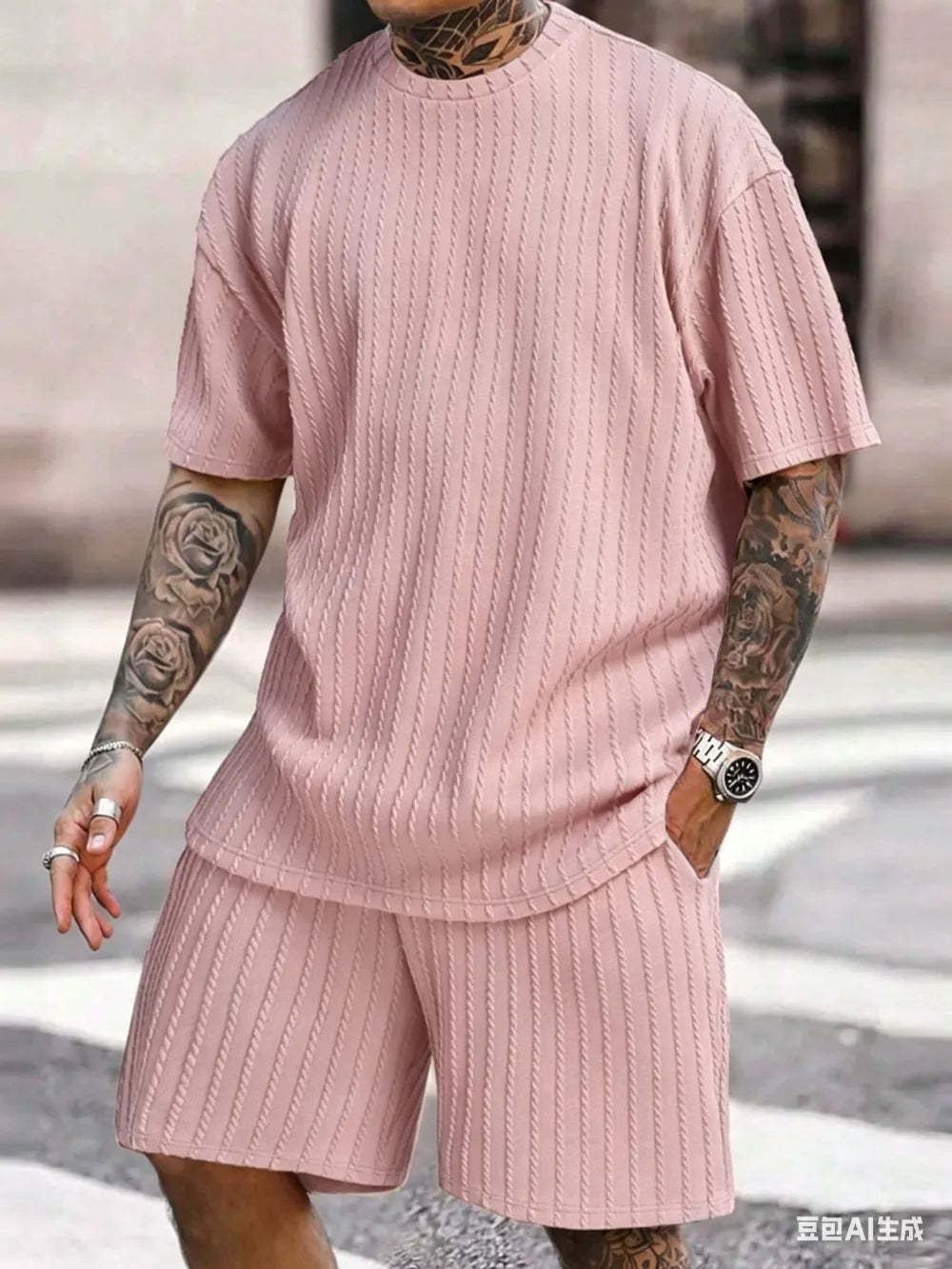 Men's Loose Fit Jacquard Textured Tee with Drawstring Shorts 2 Pieces Set