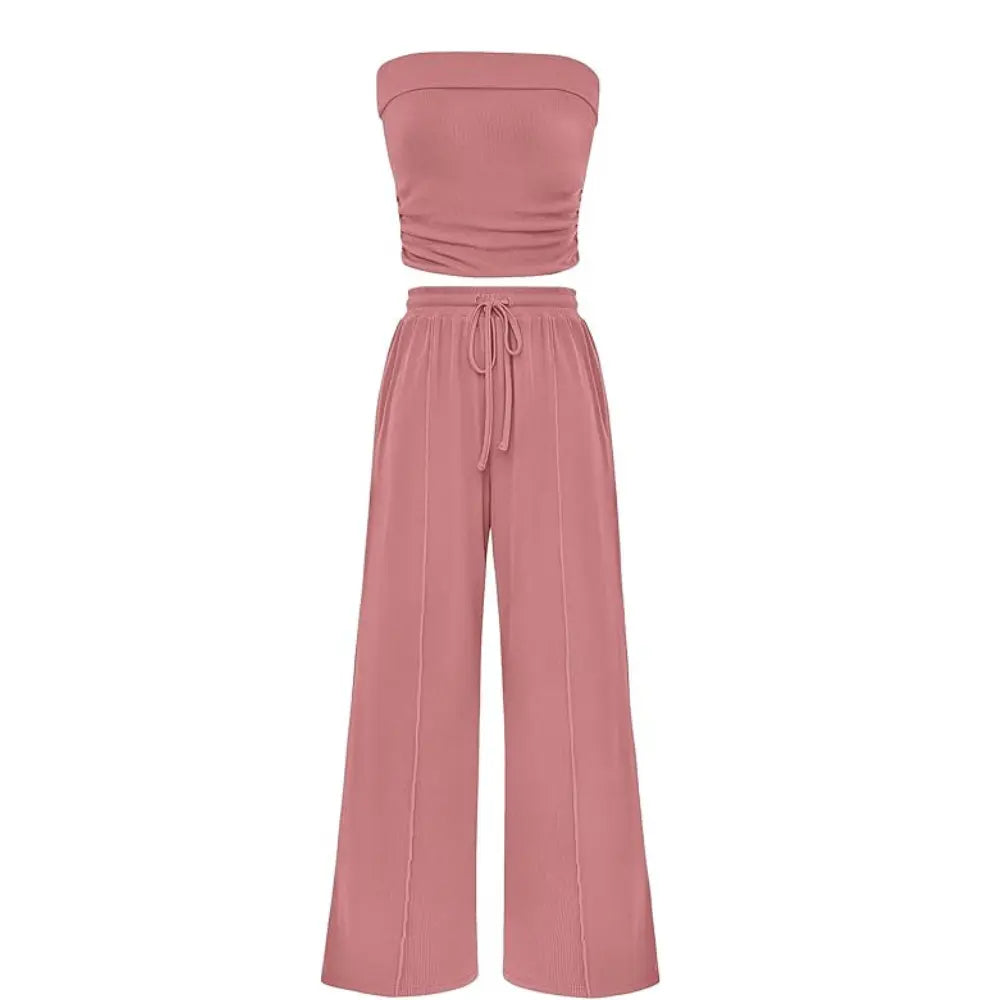 Spring Sale🔥 Women's Ribbed Knit 2-Piece Lounge Set - Casual Crop Top & Wide-Leg Pants