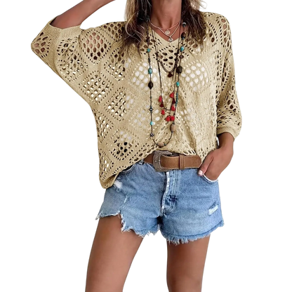 Women's Bohemian-Inspired Beige Crochet Top with V-Neck