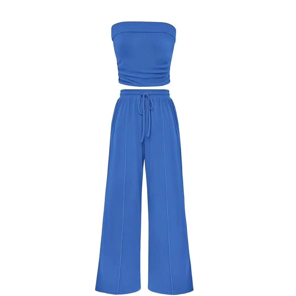 Spring Sale🔥 Women's Ribbed Knit 2-Piece Lounge Set - Casual Crop Top & Wide-Leg Pants