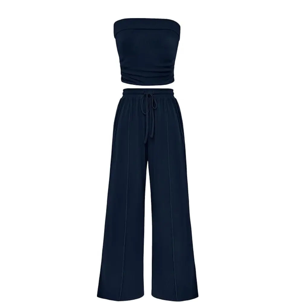 Spring Sale🔥 Women's Ribbed Knit 2-Piece Lounge Set - Casual Crop Top & Wide-Leg Pants