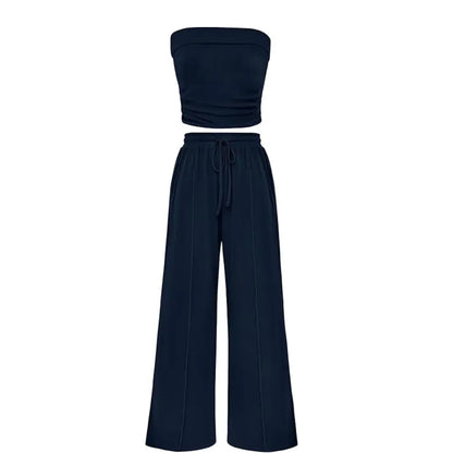 Spring Sale🔥 Women's Ribbed Knit 2-Piece Lounge Set - Casual Crop Top & Wide-Leg Pants