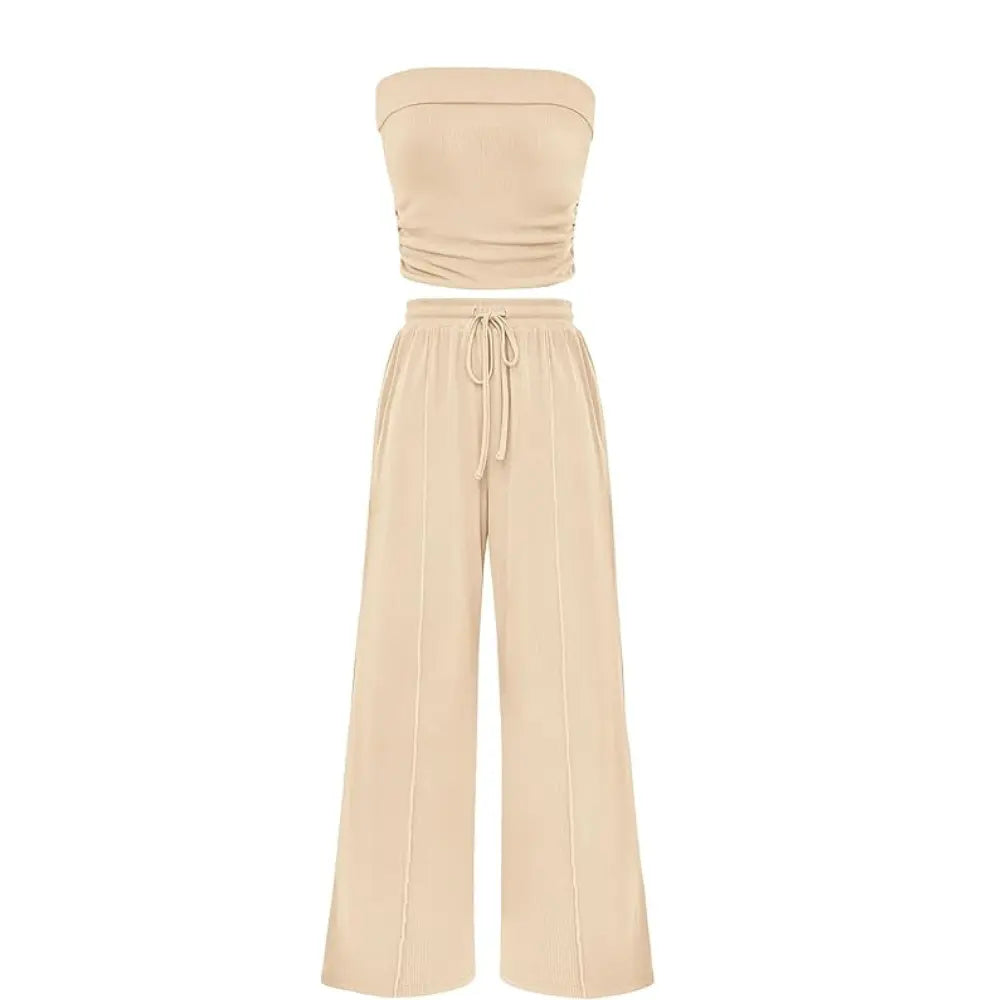 Spring Sale🔥 Women's Ribbed Knit 2-Piece Lounge Set - Casual Crop Top & Wide-Leg Pants