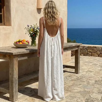 Women's Cotton Linen Backless Loose Dress