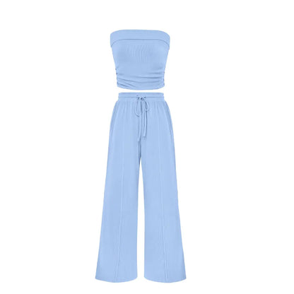 Spring Sale🔥 Women's Ribbed Knit 2-Piece Lounge Set - Casual Crop Top & Wide-Leg Pants