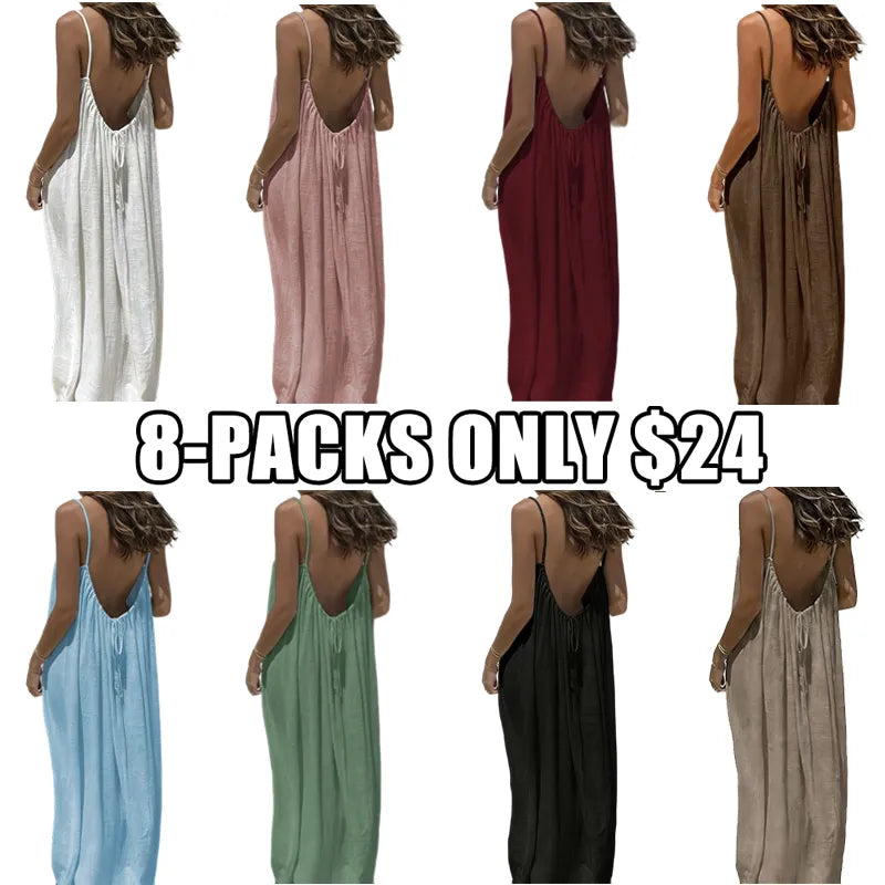 Women's Cotton Linen Backless Loose Dress