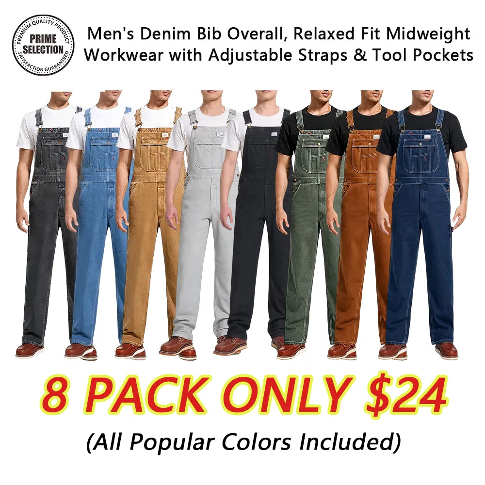 🔥Men's 8-Pack Flex Denim Bib Overalls — Adjustable & Utility Read