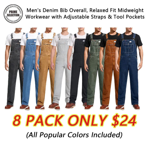 🔥Men's 8-Pack Flex Denim Bib Overalls — Adjustable & Utility Read