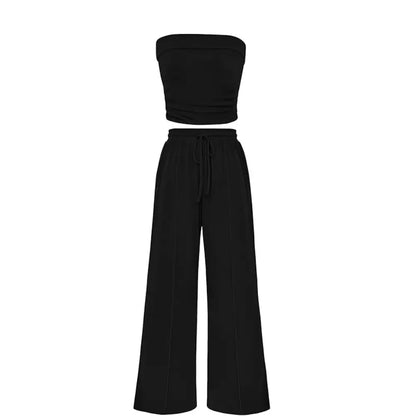 Spring Sale🔥 Women's Ribbed Knit 2-Piece Lounge Set - Casual Crop Top & Wide-Leg Pants