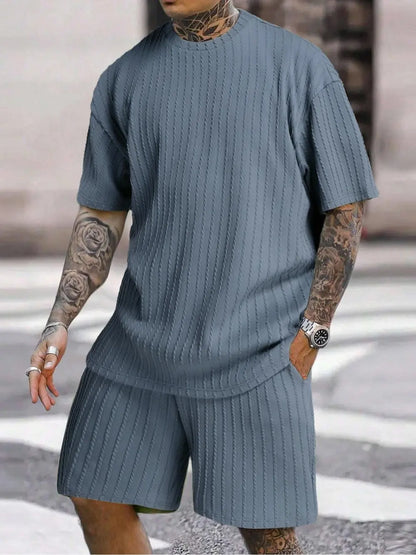 Men's Loose Fit Jacquard Textured Tee with Drawstring Shorts 2 Pieces Set