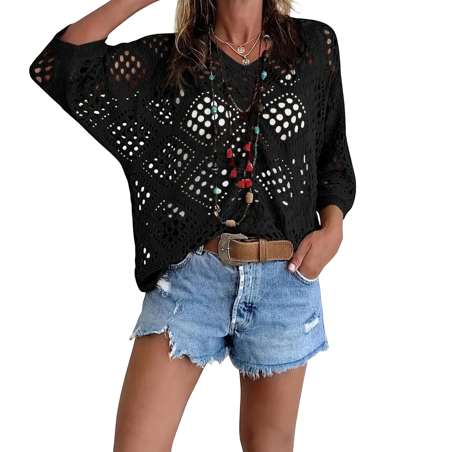Women'S Bohemian Style Beige V-Neck Crochet Top
