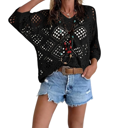 Women'S Bohemian Style Beige V-Neck Crochet Top