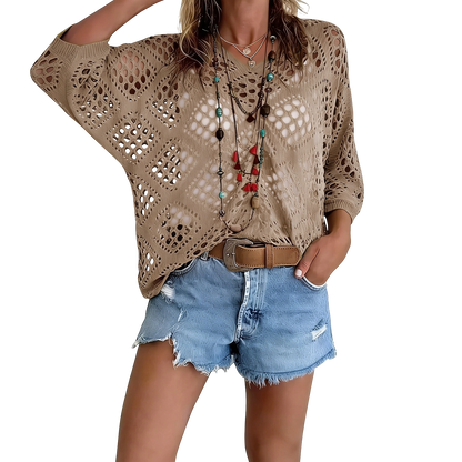 Women'S Bohemian Style Beige V-Neck Crochet Top