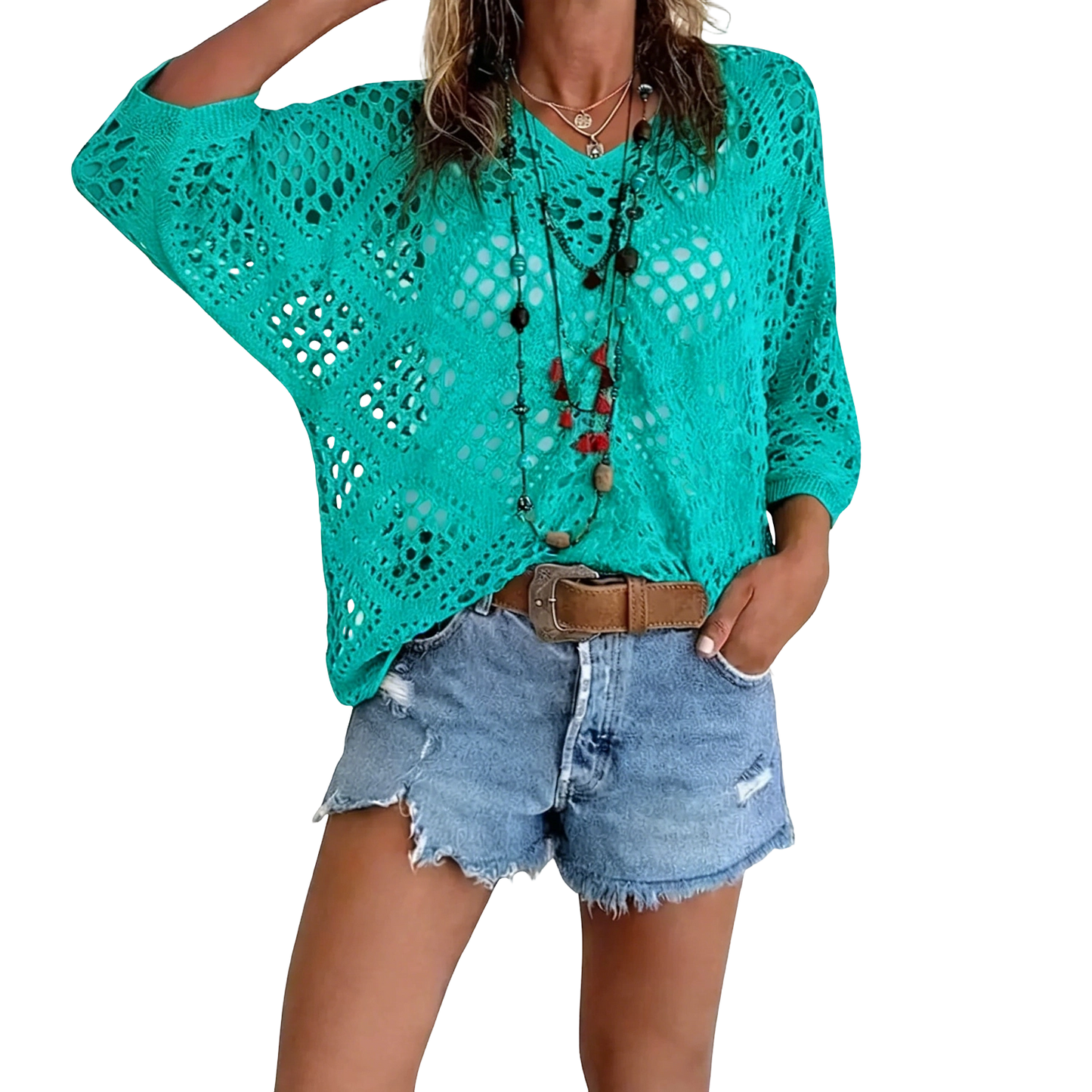 Women'S Bohemian Style Beige V-Neck Crochet Top