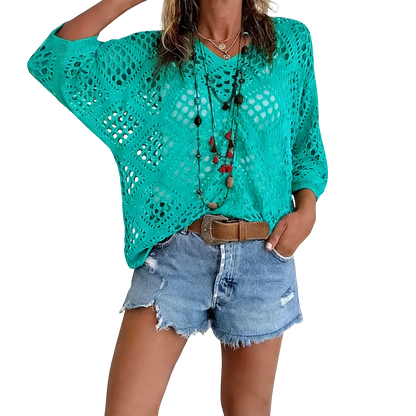 Women'S Bohemian Style Beige V-Neck Crochet Top