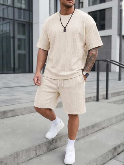 Men's Loose Fit Jacquard Textured Tee with Drawstring Shorts 2 Pieces Set