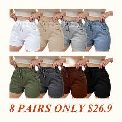 Women's Solid Button Pocket Cargo Fitted Shorts, Casual Elastic Waist