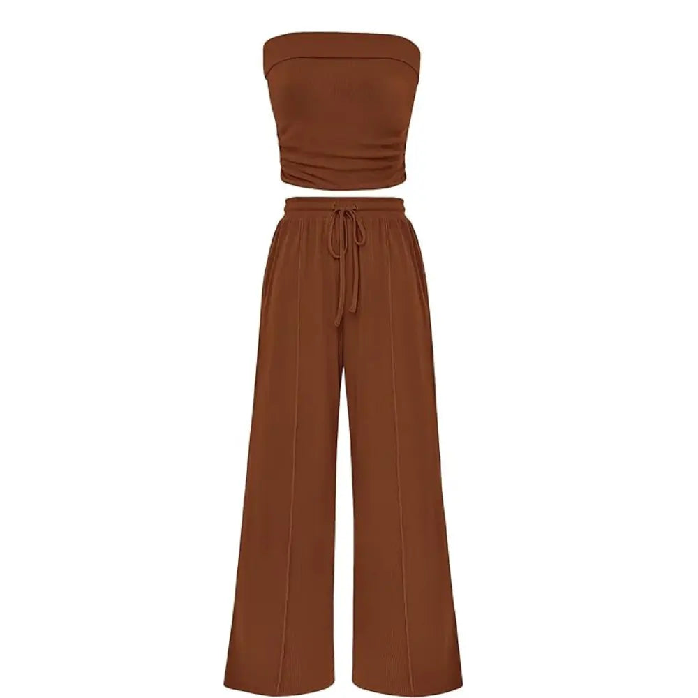 Spring Sale🔥 Women's Ribbed Knit 2-Piece Lounge Set - Casual Crop Top & Wide-Leg Pants
