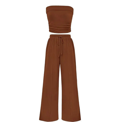 Spring Sale🔥 Women's Ribbed Knit 2-Piece Lounge Set - Casual Crop Top & Wide-Leg Pants