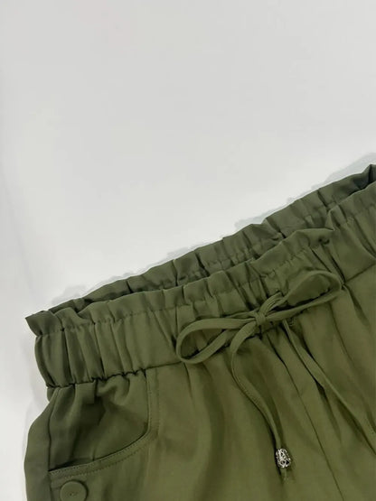 Women's Solid Button Pocket Cargo Fitted Shorts, Casual Elastic Waist Shorts for Summer