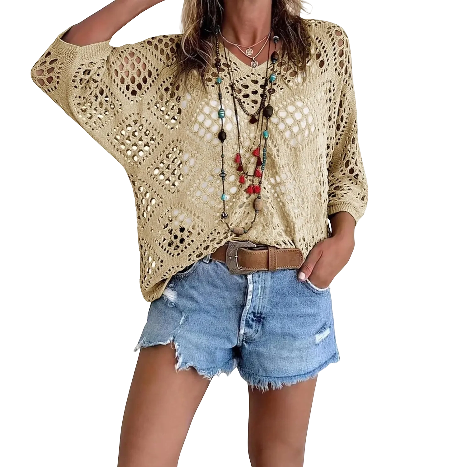Women'S Bohemian Style Beige V-Neck Crochet Top